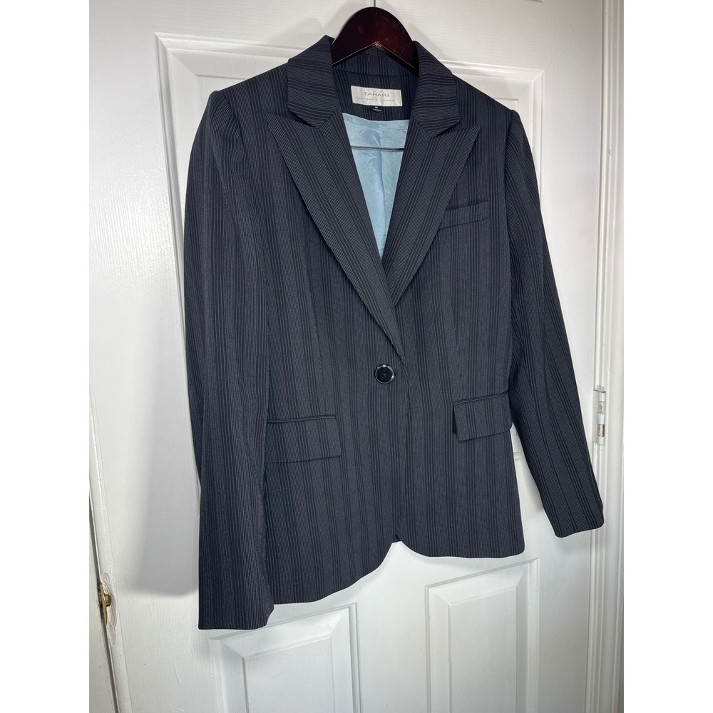 Tahari Blazer Women 10 Charcoal Grey Pinstripe Single Button Notched Lapel - Picture 2 of 9
